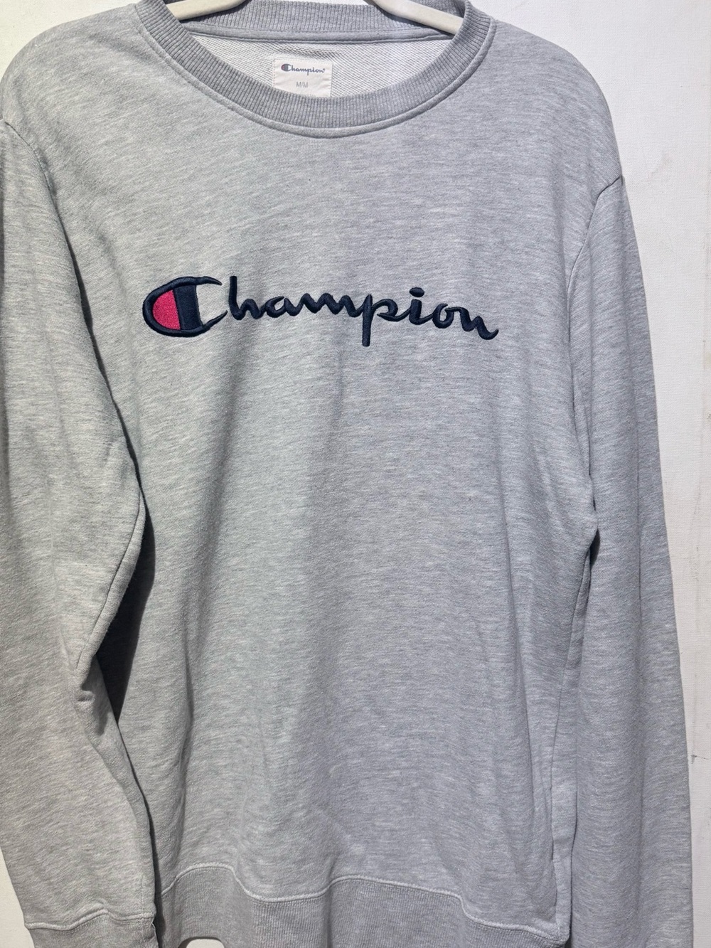 Champion Light Gray Crewneck with Navy Script and Red Accent